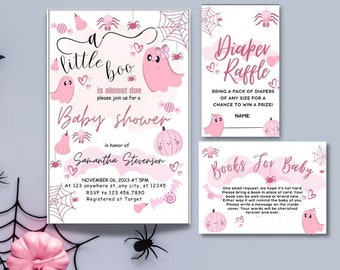 Canva Editable Pink Baby Boo Baby Shower Invitation Suite Ghost Baby Shower Invite Girl Halloween A Boo Is due boy halloween ghost witch