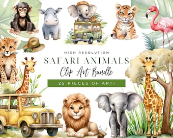 Jungle Animals Clipart, Safari illustration, Watercolor Animal Clipart, Baby Shower Clipart, Lion Tiger Monkey Giraffe, Wild 1 party