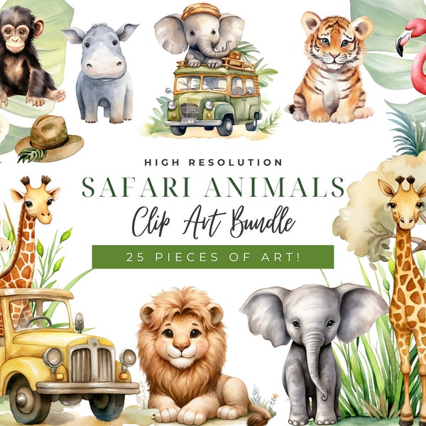 Jungle Animals Clipart, Safari illustration, Watercolor Animal Clipart, Baby Shower Clipart, Lion Tiger Monkey Giraffe, Wild 1 party
