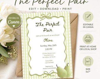Perfect Pair Invitation, Fruit themed Bridal Shower Pear Theme Party, Summer Bridal Brunch,  Editable in canva Minimalist bride wedding