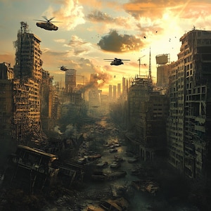 Puede incluir: Una ciudad distópica con edificios en ruinas y un río que atraviesa el centro. Varios helicópteros vuelan sobre un cielo nublado al atardecer.
