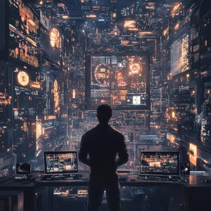 May include: A person stands in front of a wall of glowing screens, looking up at a large screen displaying a complex digital interface. The screens are arranged in a grid pattern and create a futuristic, cyberpunk aesthetic.