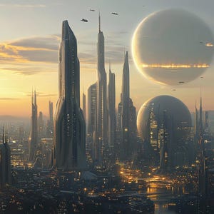 Op de afbeelding: Een futuristische skyline met hoge, slanke gebouwen en een grote, gloeiende bol in de lucht. De stad is verlicht met lampen, en er zijn verschillende vliegende voertuigen in de lucht.