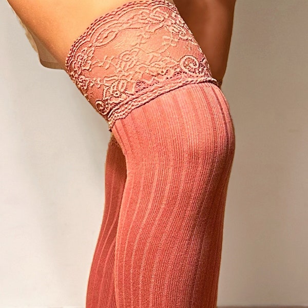 Pink lace thigh-high tights - Cotton lace stockings - Vintage-inspired lace tights - Women's beige lace hosiery - Bridal lace thigh-highs