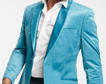 Men's Light Blue Velvet Blazer - Wedding Blazer Men