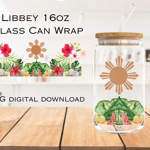 フィリピンの星とフィリピンの太陽 PNG（Libbey ガラスラップカップ用）、フィリピンのアート PNG（16 オンス Libbey ガラス缶用）、熱帯の花 PNG デジタルダウンロード