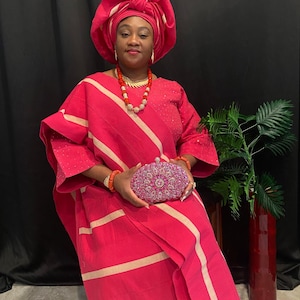 4 pieces set Aso Oke for women, pink and gold color, buba , iro , Gele/Ipele for wedding and special occasions.