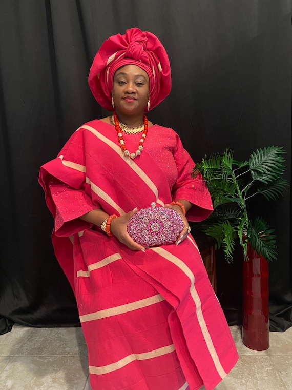 4 pieces set Aso Oke for women, pink and gold color, buba , iro , Gele/Ipele for wedding and special occasions.
