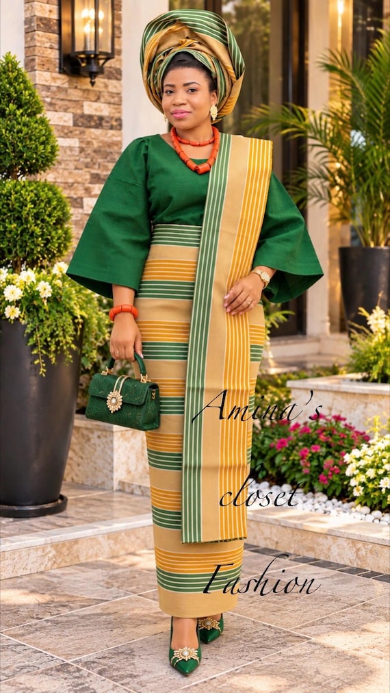 Buba and Iro,  green/gold/white color.  4 set Aso Oke for women, for traditional events. Quality Aso Oke cotton fabric