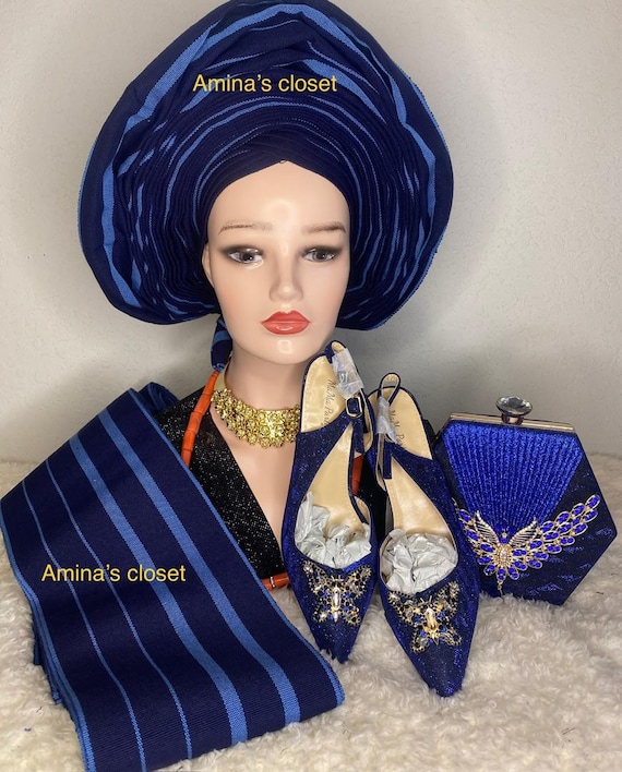 autogele headtie for wedding and special events. Royal blue ans sky color aso oke