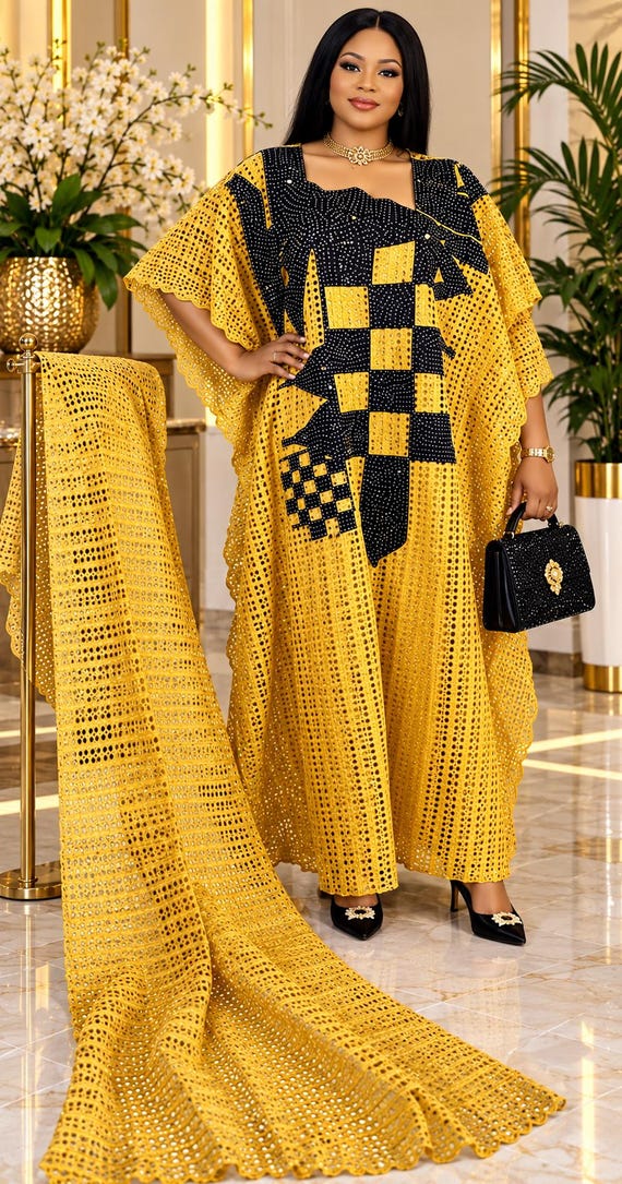 Gold lace boubou dress for women