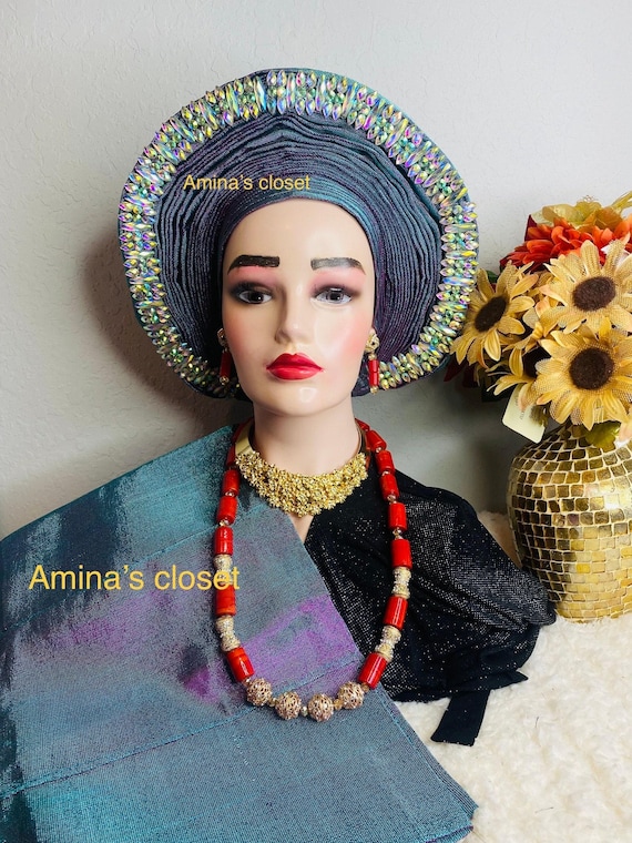 Autogele hand made headtie for wedding and special events two tone aso oke