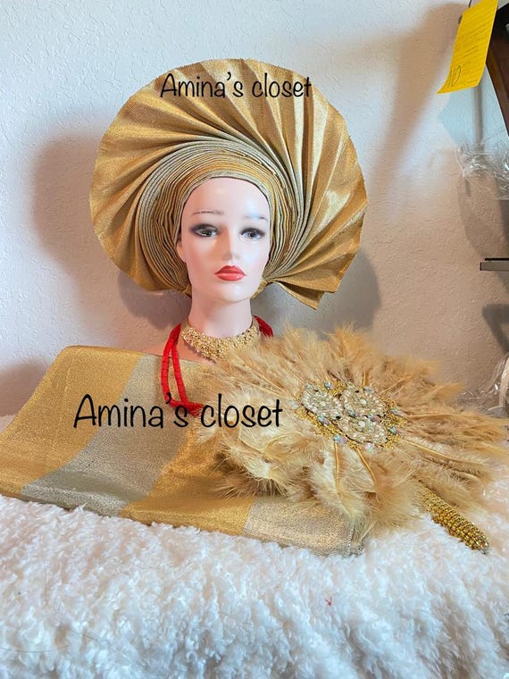 hand made autogele headtie for wedding and special events. gold color