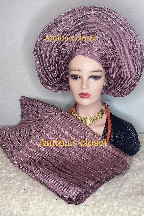 autogele headtie for wedding and special events. Onions color aso Oke Basket Aso Oke