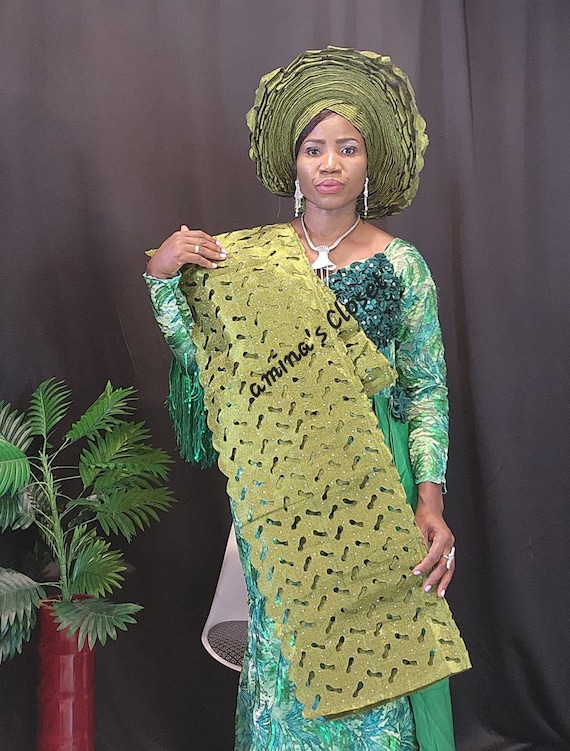 Autogele ready to wear Headtie, lacer cut aso oke burnt orange color