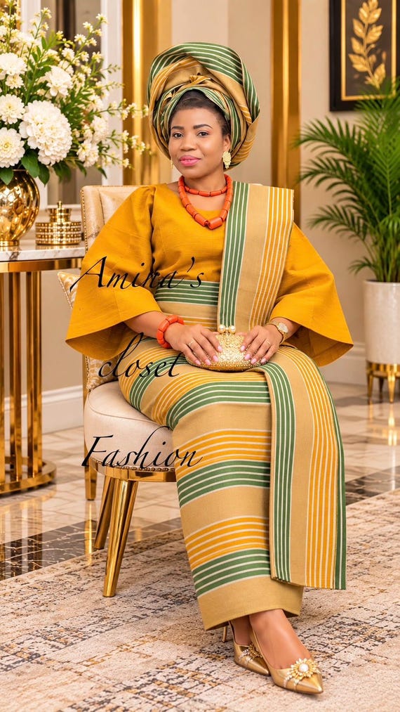 Buba and Iro ,  green/gold/white color.  4 set Aso Oke for women, Buba/Iro/Gele/Ipele for traditional events . quality Aso Oke cotton fabric