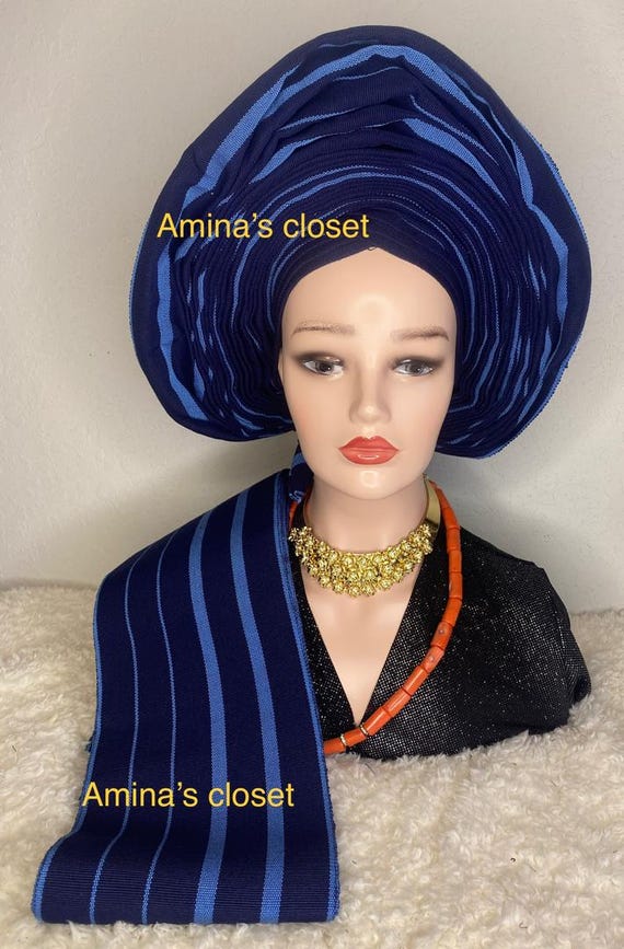 autogele headtie for wedding and special events. Royal blue ans sky color aso oke