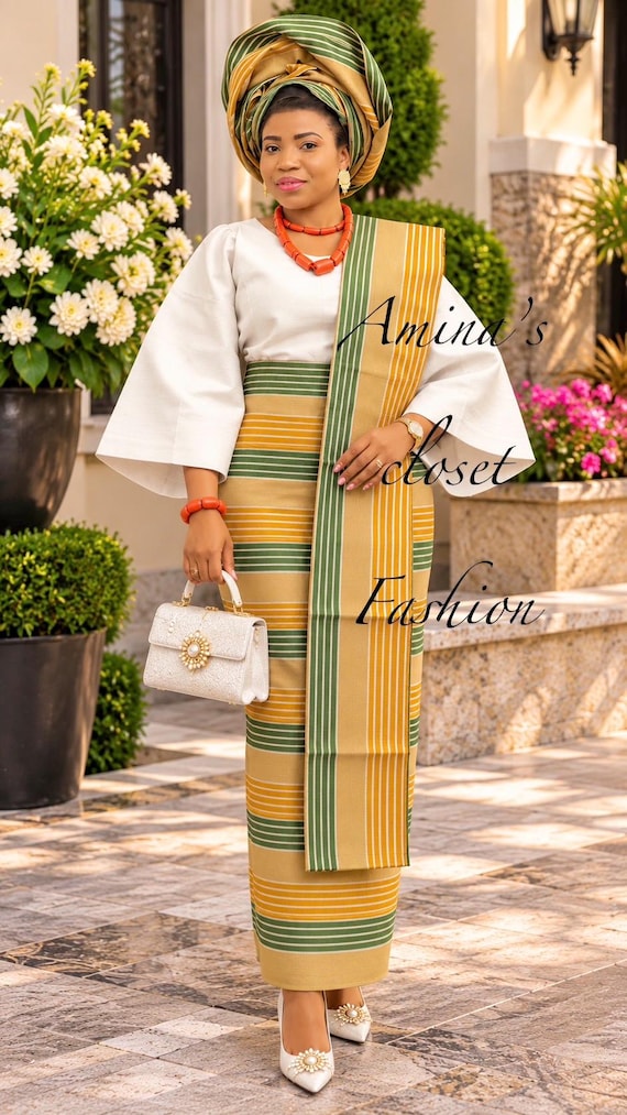 Buba and Iro ,  green/gold/white color.  4 set Aso Oke for women, Buba/Iro/Gele/Ipele for traditional events . quality Aso Oke cotton fabric