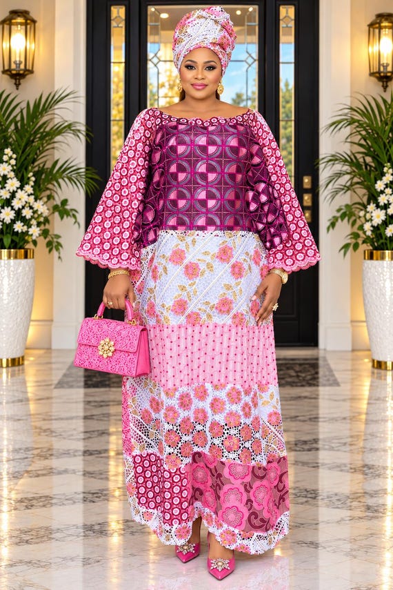 Boubou Dress for Women (One Size) pink mix design fabric lace