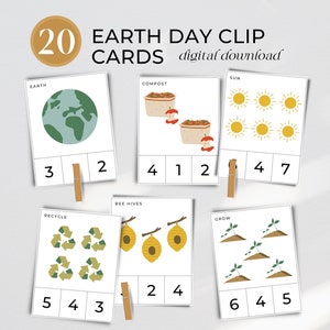 Cartes à clip du Jour de la Terre, imprimables le Jour de la Terre, compter et cartes à clip, cartes mémoire, école à la maison, préscolaire, éducatif, téléchargement numérique, activité