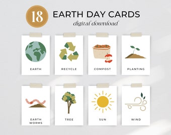 May include: Set of 18 printable Earth Day cards featuring illustrations of environmental themes, such as recycling, composting, planting, earthworms, trees, the sun, and wind. The cards are white with a brown border and a beige tape at the top.