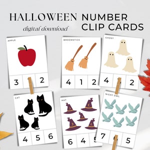 Tarjetas de clip de números de Halloween imprimibles Regreso a la escuela Otoño Montessori Educación en el hogar Preescolar Educativo Descarga digital Números de actividad 1 10
