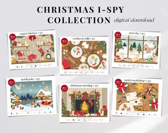 May include: A set of six printable Christmas I-Spy games. Each game features a festive scene with a list of items to find. The scenes include a kitchen, a snowy day, a workshop, a fireplace, a North Pole scene, and a cookies and milk scene.