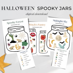 May include: Printable Halloween Spooky Jars activity set with three different jar designs: Spooky Forest, Witch's Pantry, and Midnight Sky. Each jar has a list of items to find inside, such as ghosts, bats, and spiders.
