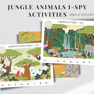 I-Spy afdrukbare jungle dierenactiviteit, regenwoud natuur eenheid studie, Montessori voorschoolse educatie, zomer Homeschool Instant Download
