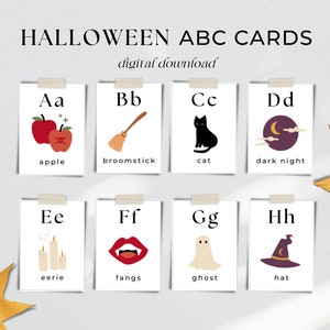 May include: Eight printable Halloween alphabet flashcards with illustrations and words for each letter. The letters are A, B, C, D, E, F, G, and H. The illustrations include an apple, a broomstick, a cat, a dark night, candles, fangs, a ghost, and a witch's hat.