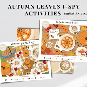 Könnte beinhalten: Zwei druckbare Herbst-I-Spy-Aktivitätsblätter. Das erste Blatt zeigt eine gemütliche Herbstszene mit einem Kürbiskuchen, Kaffee und Herbstblättern. Das zweite Blatt zeigt eine Herbstszene mit einem Korb, Kürbissen, Kuchen und Kaffee. Beide Blätter haben den Text "Schreiben Sie die Anzahl jedes Artikels auf, den Sie finden".