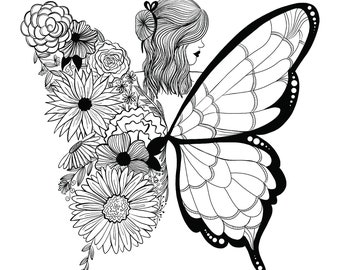 Vrouw portret met bloem vlindervleugels digitale tekening