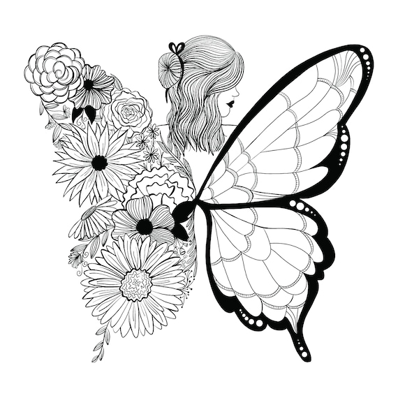Retrato de mujer con dibujo digital de alas de mariposa de flores