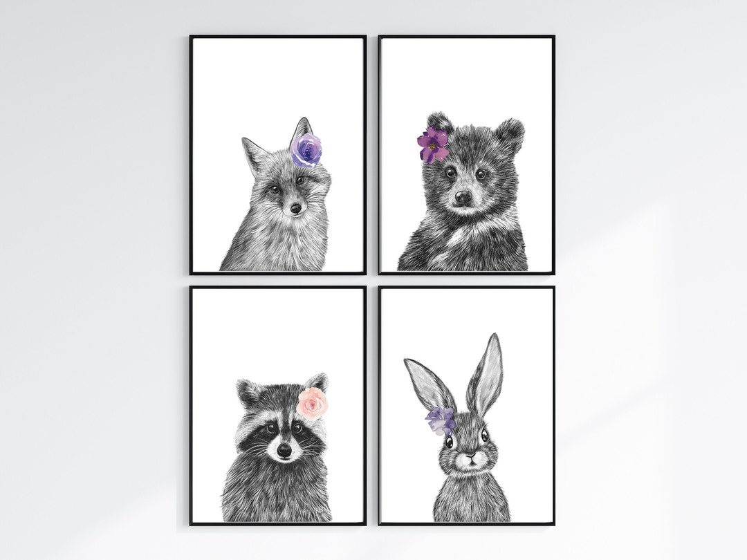 Woodland Animal Wall Prints, Girl Nursery Decor, Set of 4, Forest