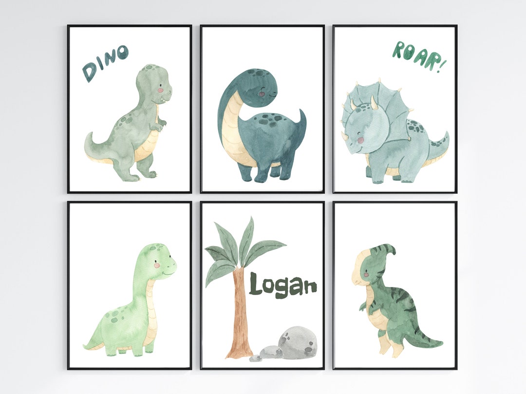 Dinosaur Nursery Wall Art, Name Wall Art, Set of 6, Boy Nursery Decor