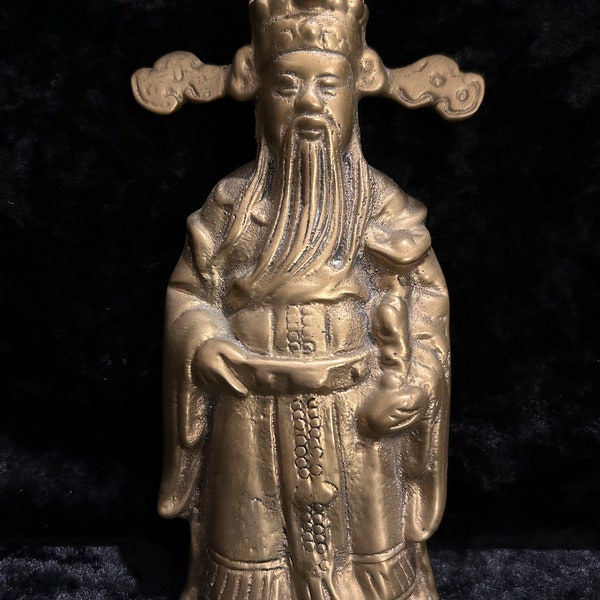 Vintage Brass Chinese Taoist Luxing Sanxing Ruyi Figurine Lucky Prosperity Desk Ornament Paperweight 14.75cm