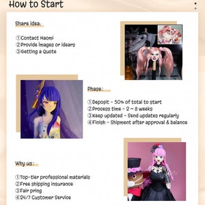 May include: A website for custom figure commissions. The website features images of custom figures and information about the commission process. The text on the website includes "Commission", "How to Start", "Share idea", "Contact Naomi", "Provide images or ideas", "Getting a Quote", "Phase", "Deposit - 50% of total to start", "Process time - 2~8 weeks", "Keep updated - Send updates regularly", "Finish - Shipment after approval & balance", "Why us", "Top-tier professional materials", "Free shipping insurance", "Fair pricing", "24/7 Customer Service", and "Your Figure needs a Home".