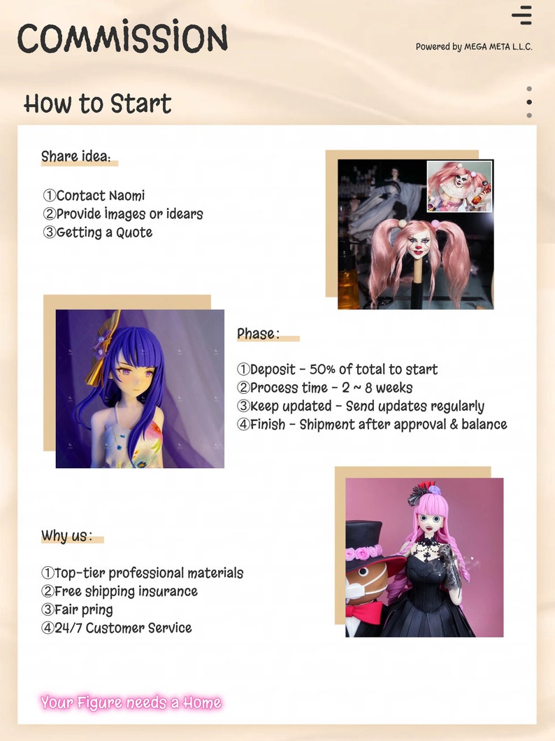 May include: A website for custom figure commissions. The website features images of custom figures and information about the commission process. The text on the website includes "Commission", "How to Start", "Share idea", "Contact Naomi", "Provide images or ideas", "Getting a Quote", "Phase", "Deposit - 50% of total to start", "Process time - 2~8 weeks", "Keep updated - Send updates regularly", "Finish - Shipment after approval & balance", "Why us", "Top-tier professional materials", "Free shipping insurance", "Fair pricing", "24/7 Customer Service", and "Your Figure needs a Home".
