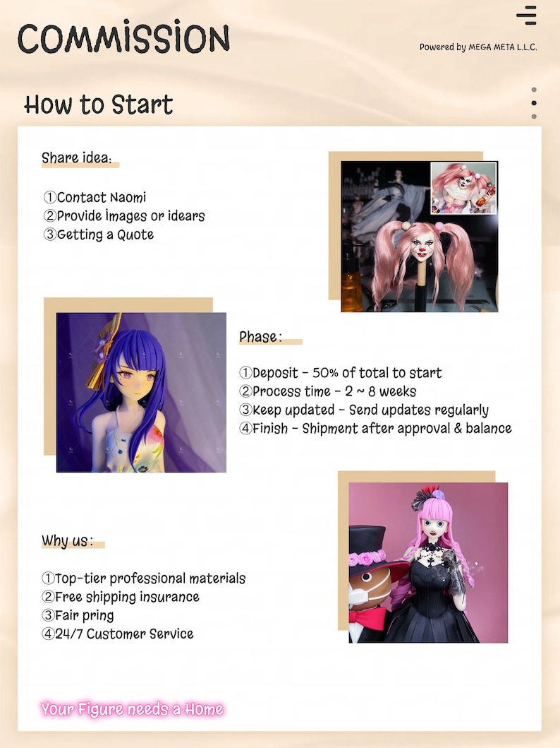 May include: A website for custom figure commissions. The website features images of custom figures and information about the commission process. The text on the website includes "Commission", "How to Start", "Share idea", "Contact Naomi", "Provide images or ideas", "Getting a Quote", "Phase", "Deposit - 50% of total to start", "Process time - 2~8 weeks", "Keep updated - Send updates regularly", "Finish - Shipment after approval & balance", "Why us", "Top-tier professional materials", "Free shipping insurance", "Fair pricing", "24/7 Customer Service", and "Your Figure needs a Home".