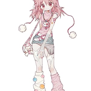 May include: A pink-haired anime character wearing a pink and white striped hat with a cat face on it. She is wearing a pink shirt with a white cat design, a gray skirt, and white and pink socks with colorful pom-poms. She is holding a pink and white bag with a white cat design.