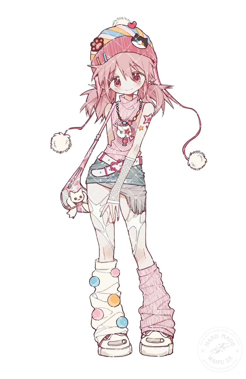 May include: A pink-haired anime character wearing a pink and white striped hat with a cat face on it. She is wearing a pink shirt with a white cat design, a gray skirt, and white and pink socks with colorful pom-poms. She is holding a pink and white bag with a white cat design.