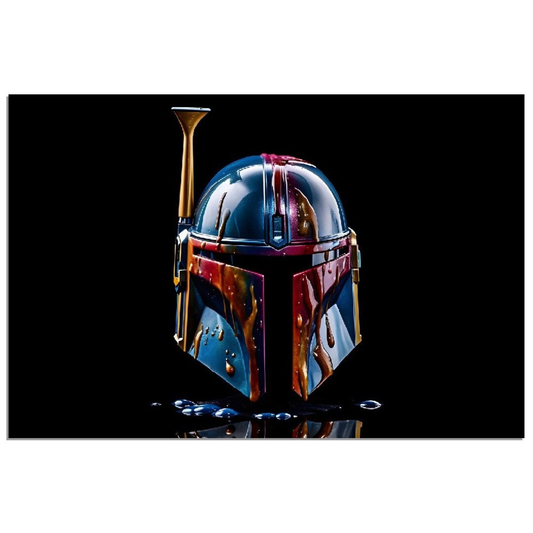 Eyecatching Detailed Mandalorian Helmet Poster Red and Blue Paint