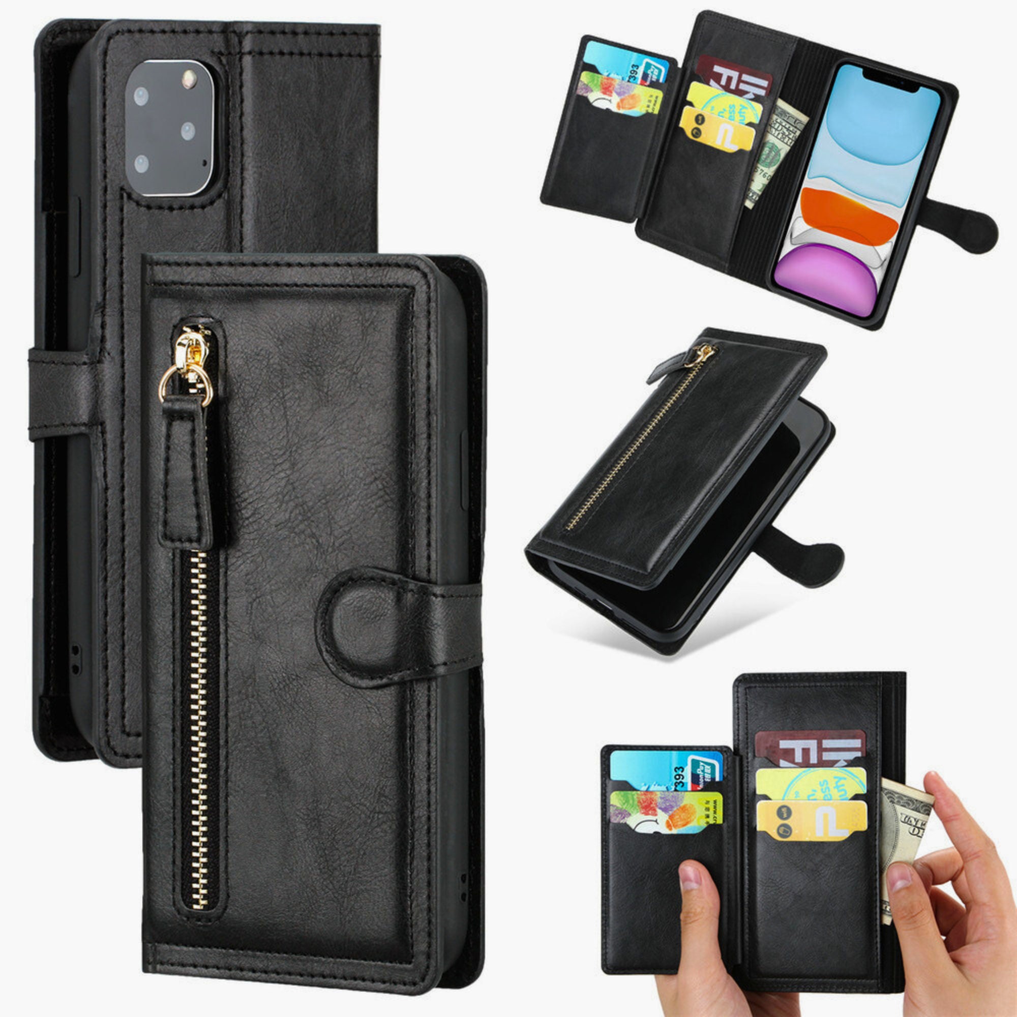 Leather iPhone Wallet Case, Zipper Flip Case Stand Cover With Card ...