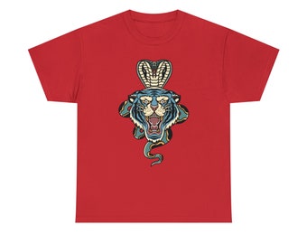 Tiger and Cobra Tattoo Tee - Majestic Rivals Unite - Embrace the Serpent's Roar!