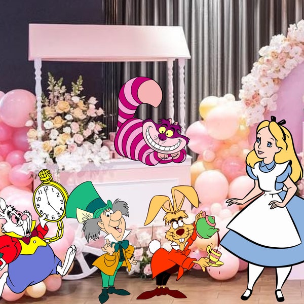 Ritaglio del bundle Alice nel Paese delle Meraviglie, grande decorazione Alice, festa di compleanno a tema Baby Shower, decorazione Alice, supporto in piedi, download digitale