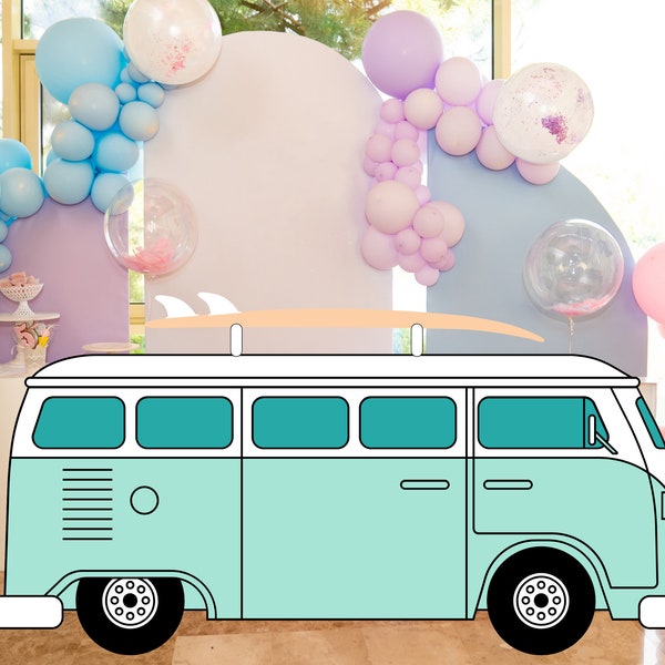 Surf Van Cutout, Cute Van Big Decor, Wall Decal, Car Party Decoration Theme Baby shower Or Birthday Party Stand Up Prop, Digital Download