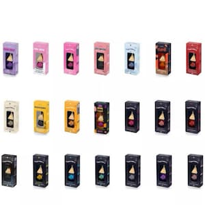 May include: A collection of rectangular boxes in various colours, each displaying a gold triangular pendant. The boxes are arranged in rows and columns. Colours include purple, pink, yellow, and black. The boxes are for a jewelry product.