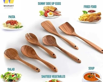 Juego de utensilios de cocina de madera de acacia: cucharas y espátulas rústicas (6 piezas)