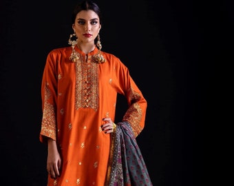 Kurti de viscosa de algodón naranja: camisa india Khaadi Kameez