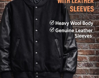 Chaqueta universitaria de lana negra hecha a mano con mangas de piel de vaca.